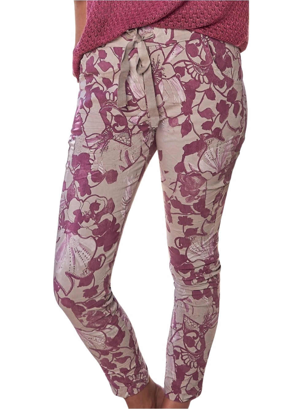 Made in Italy Floral Stretch Drawstring Pants Burgundy Beige Medium / Large